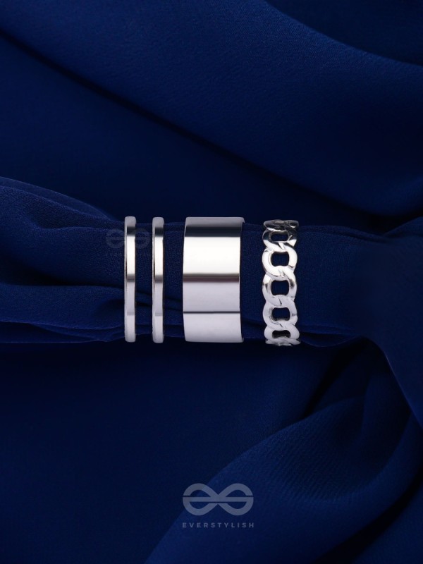 BANDS N CHAINS- SET OF 3 ADJUSTABLE SILVER RINGS