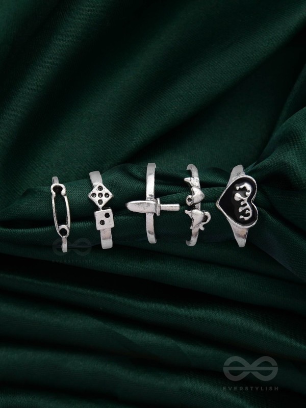 ALL ABOUT LOVE AND WAR - SET OF 5 SILVER RINGS