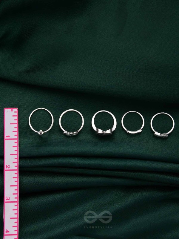 ALL ABOUT LOVE AND WAR - SET OF 5 SILVER RINGS