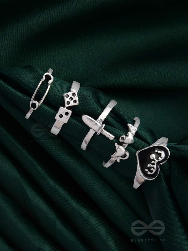 ALL ABOUT LOVE AND WAR - SET OF 5 SILVER RINGS