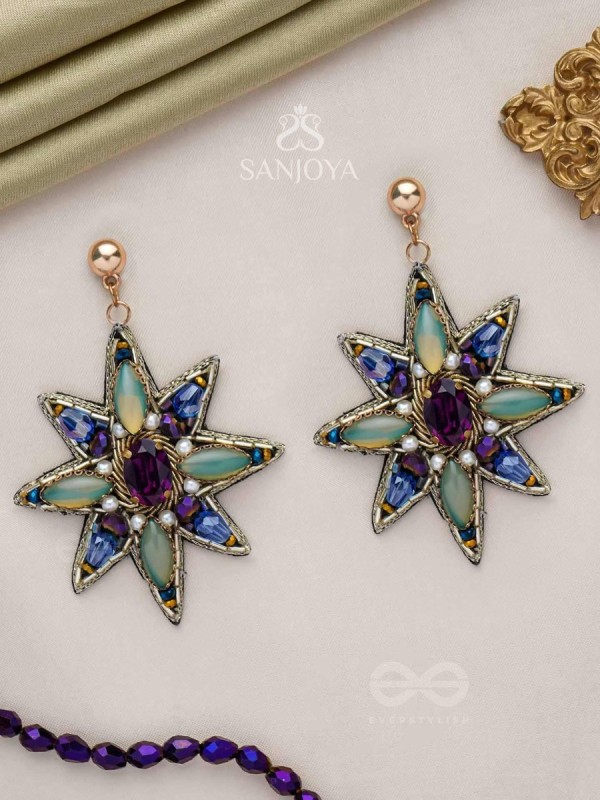Nakshatrika - The Celestial Sparkle - Stone, Beads And Dabka Hand Embroidered Earrings (Multicolor)