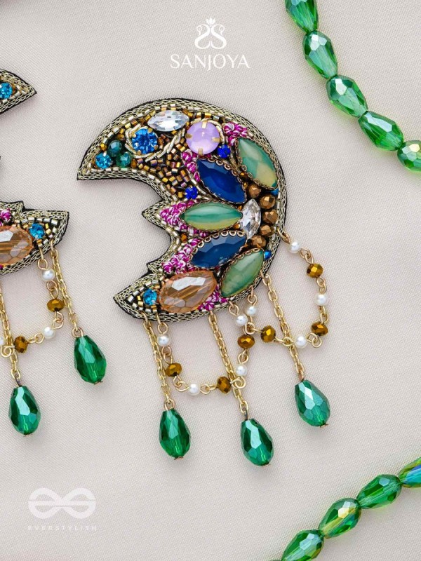 KIRANMAYI - THE MOON RAYS - CUT DANA, GLASS DROP AND STONE EMBROIDERED EARRINGS (MULTICOLOR)