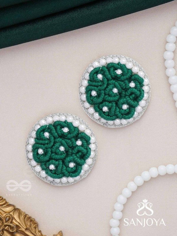 VARALI - THE LUSH MEADOW - PEARL AND THREAD EMBROIDERED EARRINGS (GREEN)