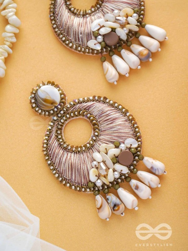 DHARANIKA - THE EARTHY HUES - RESHAM, BEADS & SHELL DROP EMBROIDERED EARRINGS