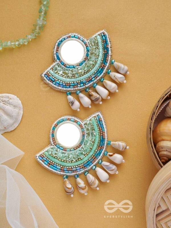 Sagarini - The Aquatic Gleam - Mirror, Sequins, Shell Drop And Beads Hand Embroidered Earrings (Blue)
