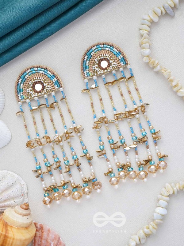 Ambudhara - The Rainstream - Sequins, Beads And Mirror Hand Embroidered Earrings (Blue & Gold)