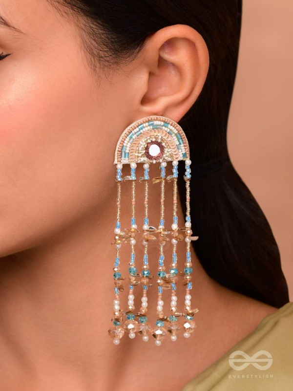 Ambudhara - The Rainstream - Sequins, Beads And Mirror Hand Embroidered Earrings (Blue & Gold)