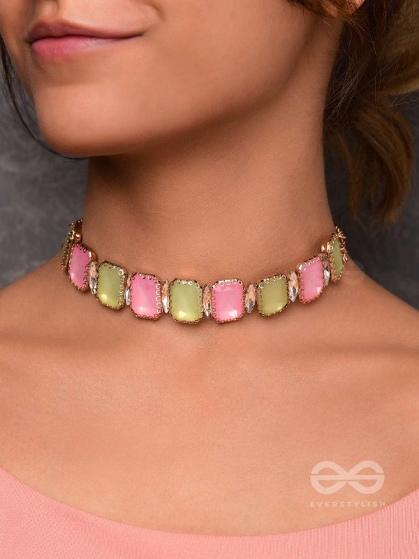 The Tropical Blush - Statement Choker Neckpiece With Anti-Tarnish Coating (Pink & Green)