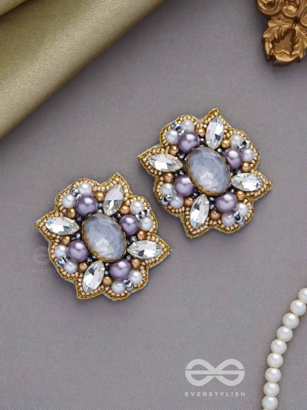 CHANDRAVALLI - THE SMOKY MOON - STONE, PEARLS AND BEADS EMBROIDERED EARRINGS (GRAY)