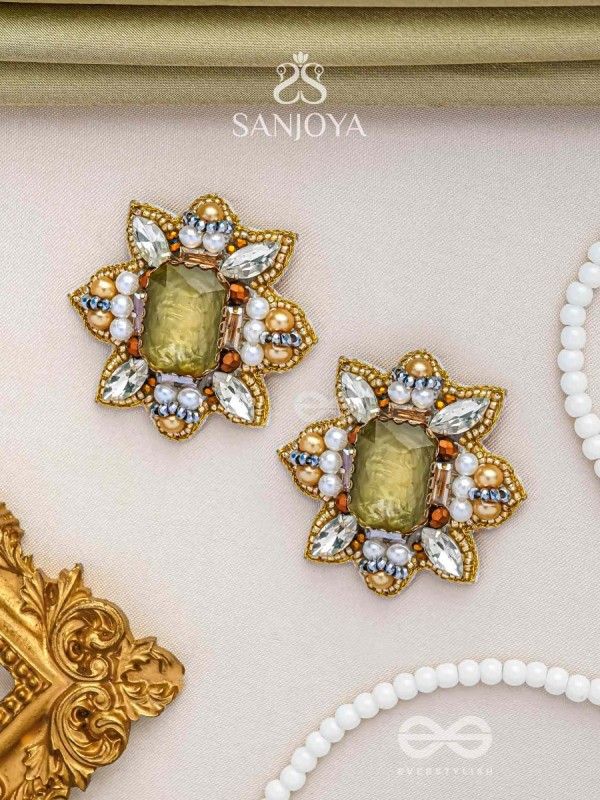 Dyauta -  Star Like Glow - Stone And Beads Hand Embroidered Stud Earrings