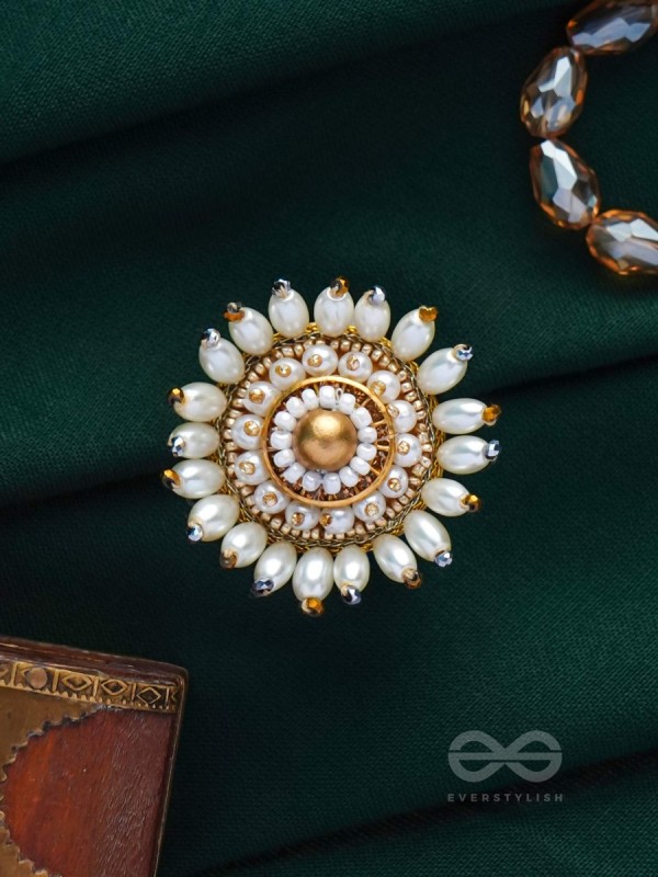 MOTISHOBHINI - THE PEARL RADIANCE - PEARLS AND BEADS EMBROIDERED RING (WHITE & GOLDEN)