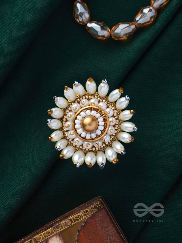 MOTISHOBHINI - THE PEARL RADIANCE - PEARLS AND BEADS EMBROIDERED RING (WHITE & GOLDEN)