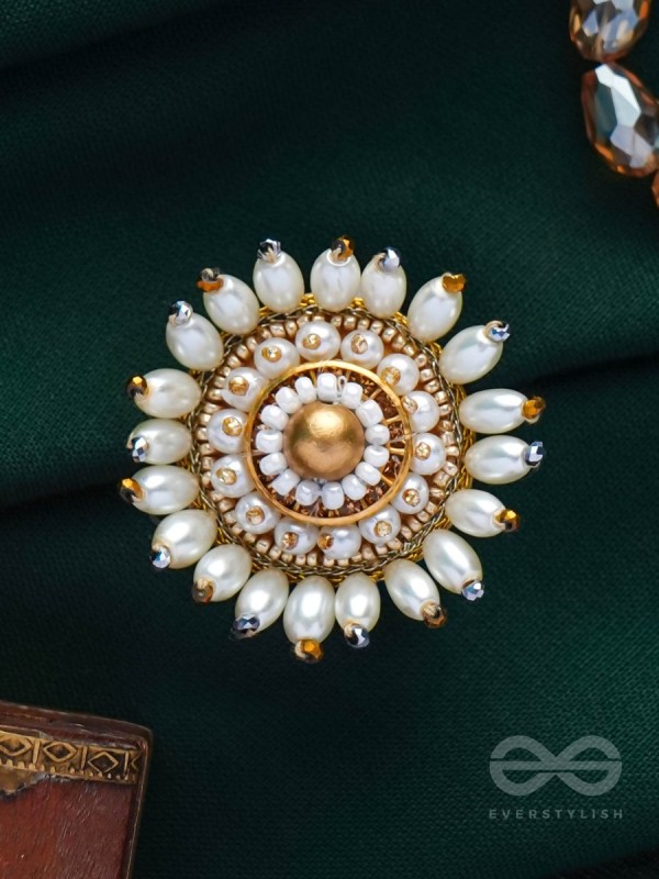 MOTISHOBHINI - THE PEARL RADIANCE - PEARLS AND BEADS EMBROIDERED RING (WHITE & GOLDEN)