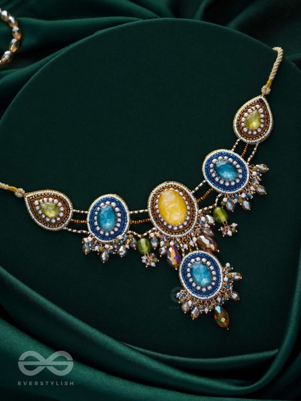 Suvibhushita - Adorned With Splendor - Stones, Glass Drops And Beads Hand Embroidered Neckpiece
