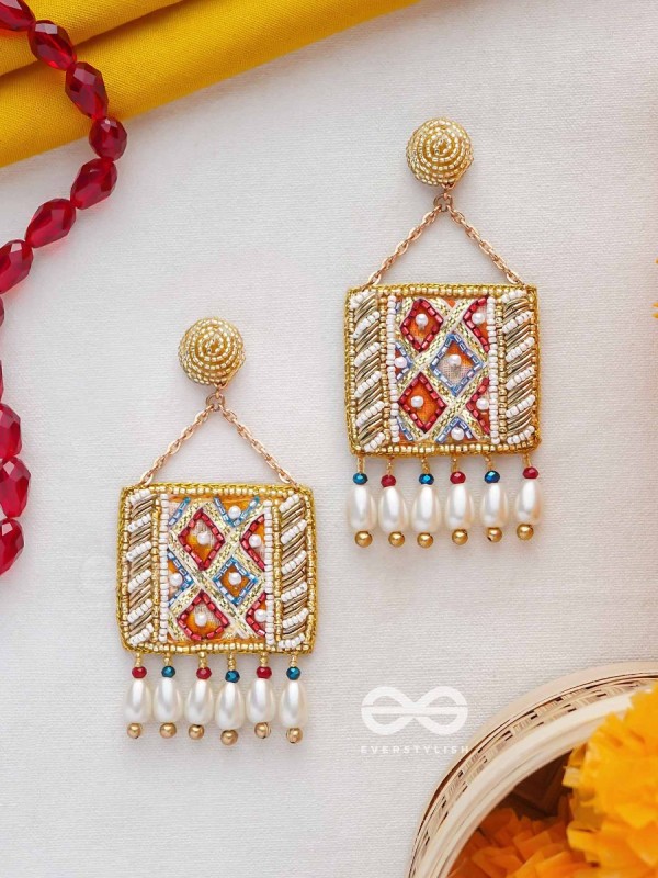 NITAMBA - GOLDEN ELEGANCE GLIMPSE - BEADS AND PEARL DROPS EMBROIDERED EARRINGS