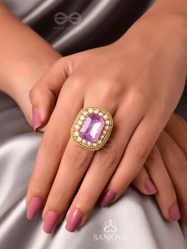 Prakdhipta - Studded With Stone - Stone And Pearls Hand Embroidered Stud Ring (Purple)