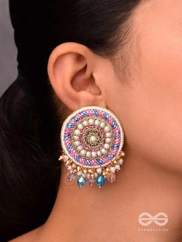 UDYATA- ROUNDABOUT RADIANCE - BEADS, PEARLS AND GLASS DROPS EMBROIDERED EARRINGS (MULTICOLOR)