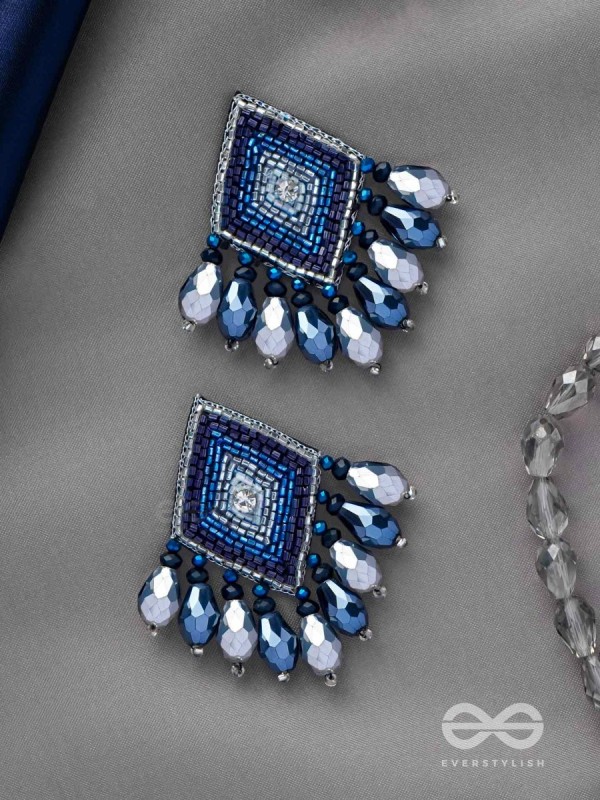 YASAS - THE ILLUMINATED FAME- STONE, CUT DANA AND GLASS DROPS EMBROIDERED EARRINGS (BLUE)