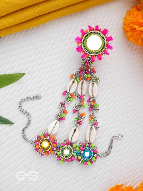 Sudarpana - Colorful Reflection - Resham, Shells And Beads Hand Embroidered Haathphool