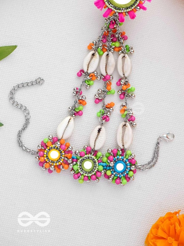 Sudarpana - Colorful Reflection - Resham, Shells And Beads Hand Embroidered Haathphool