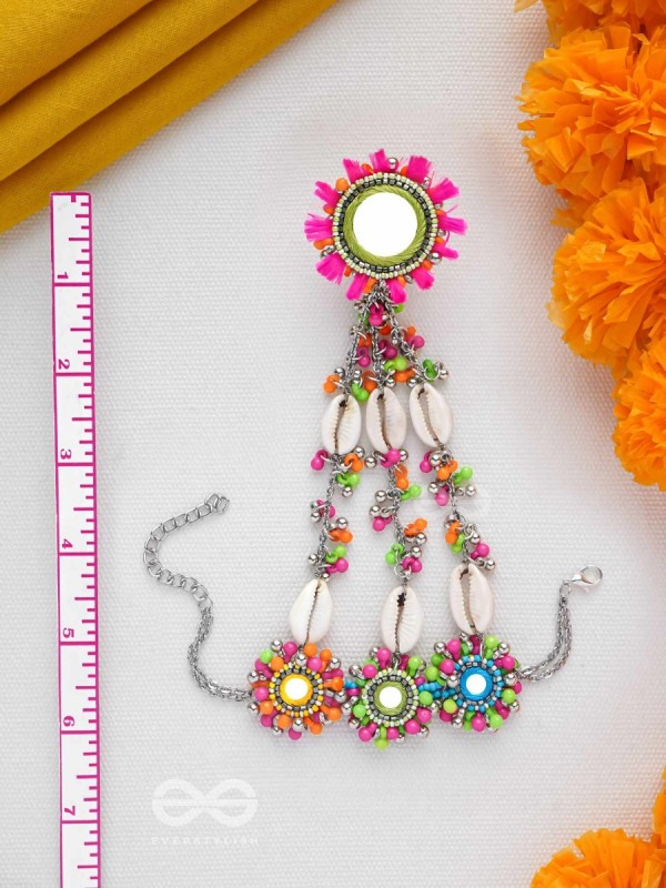 Sudarpana - Colorful Reflection - Resham, Shells And Beads Hand Embroidered Haathphool