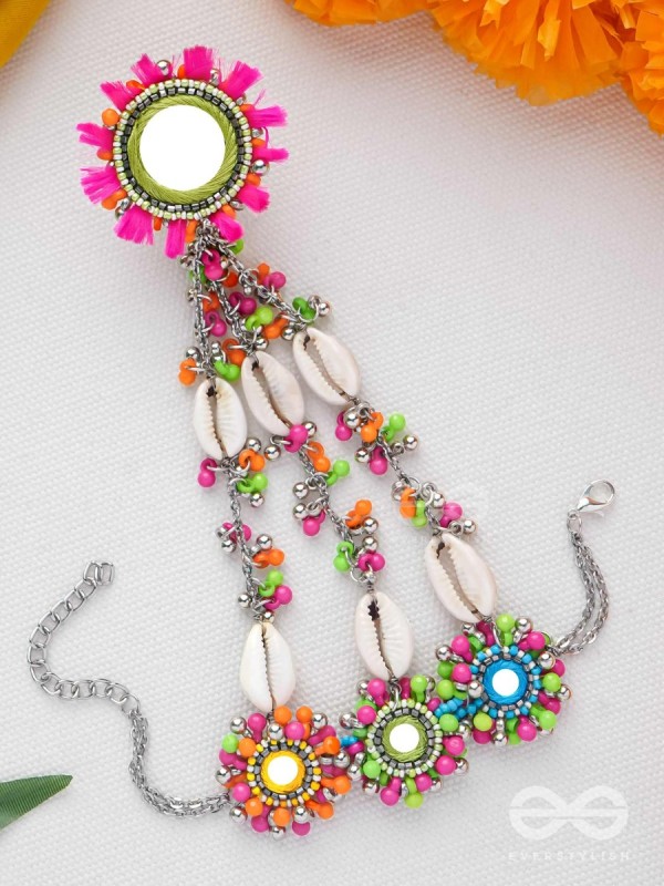 Sudarpana - Colorful Reflection - Resham, Shells And Beads Hand Embroidered Haathphool