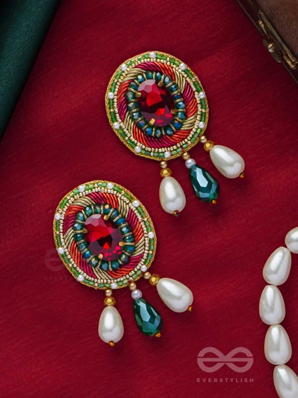 ARUNRATNA - THE RED GEM - BEADS, PEARLS AND STONE EMBROIDERED EARRINGS (MULTICOLOR)