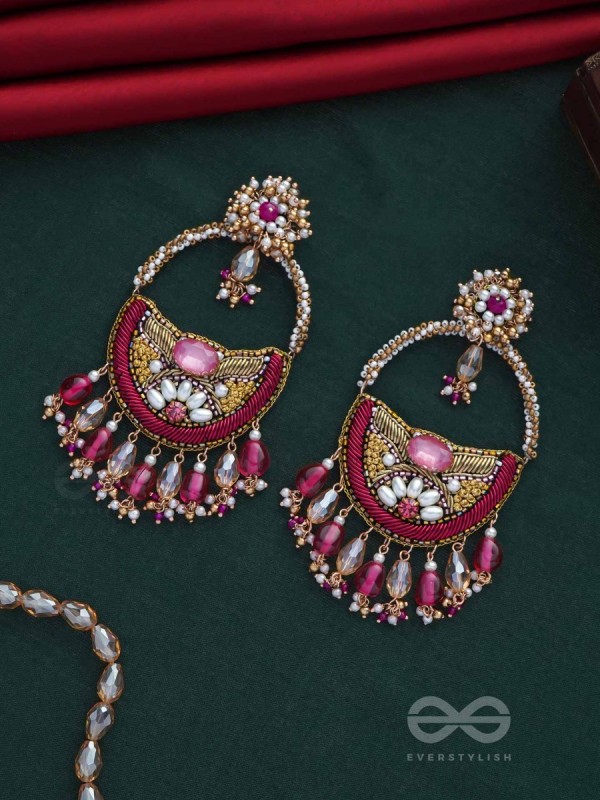 VILAKSANA - UNIQUE SPARKLING MOMENTS - STONE, BEADS, GLASS DROPS AND PEARLS EMBROIDERED EARRINGS (MAGENTA & GOLDEN)