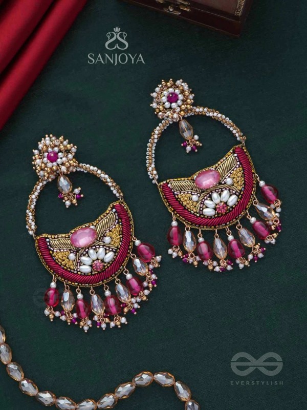 VILAKSANA - UNIQUE SPARKLING MOMENTS - STONE, BEADS, GLASS DROPS AND PEARLS EMBROIDERED EARRINGS (MAGENTA & GOLDEN)