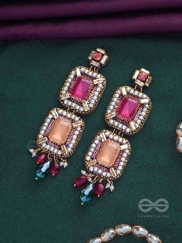 Ananyadharana - The Exclusive Adornment - Stones, Beads And Glass Drops Hand Embroidered Earrings