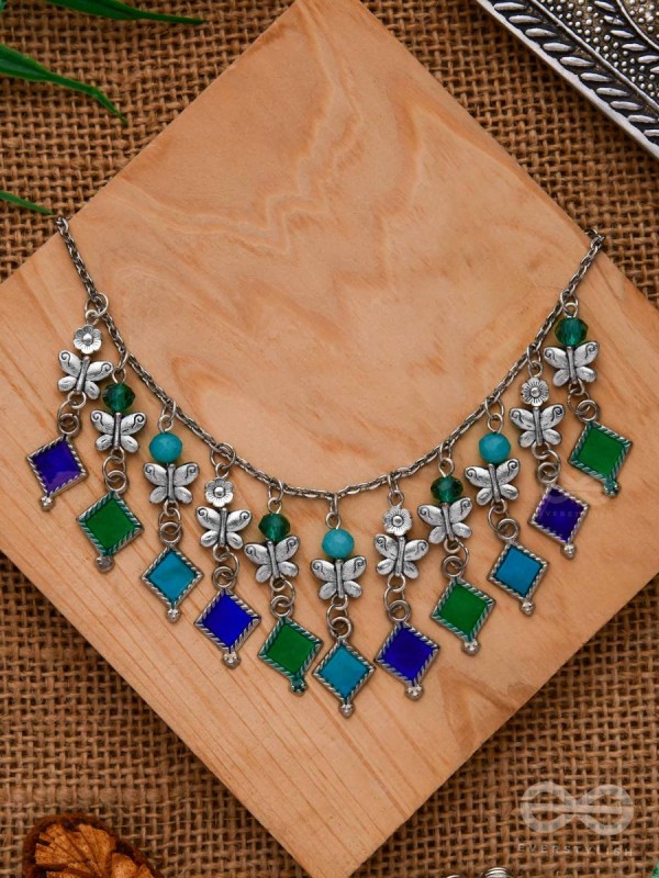 THE BUTTERFLY BALLERINA - BEADED OXIDISED ENAMELLED NECKLACE