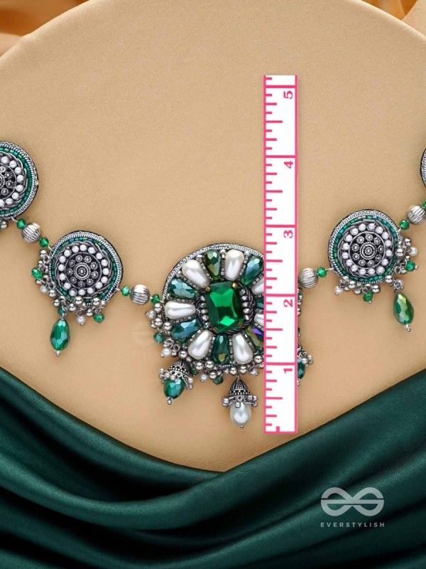 PRADHI - MOON LIKE ELEGANCE - GLASS DROPS, STONES AND PEARLS EMBROIDERED AND OXIDISED NECKPIECE