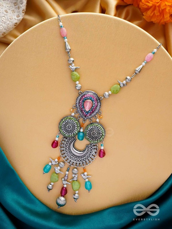 RANGAVARIDHI - PALETTE OF COLORS - STONES, BEADS AND GLASS DROP EMBROIDERED AND OXIDISED NECKPIECE (MULTICOLOR)