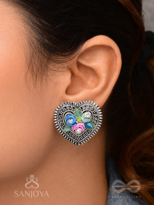 KUSUMAVARTA - THE HEART OF FLOWERS - SEQUINS, BEADS AND PEARLS EMBROIDERED AND OXIDISED STUD EARRINGS