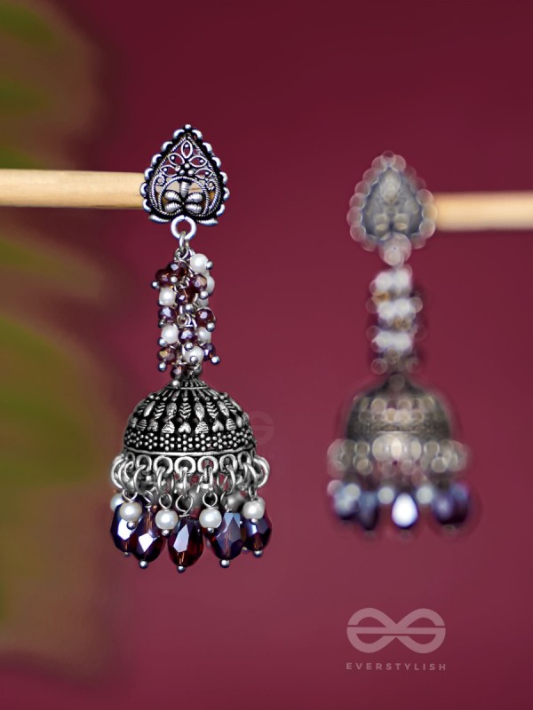 THE TINSEL SWIRLS - BEADED OXIDISED JHUMKA EARRINGS (BROWN)