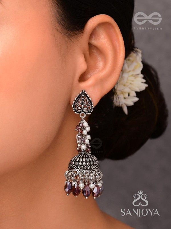 THE TINSEL SWIRLS - BEADED OXIDISED JHUMKA EARRINGS (BROWN)