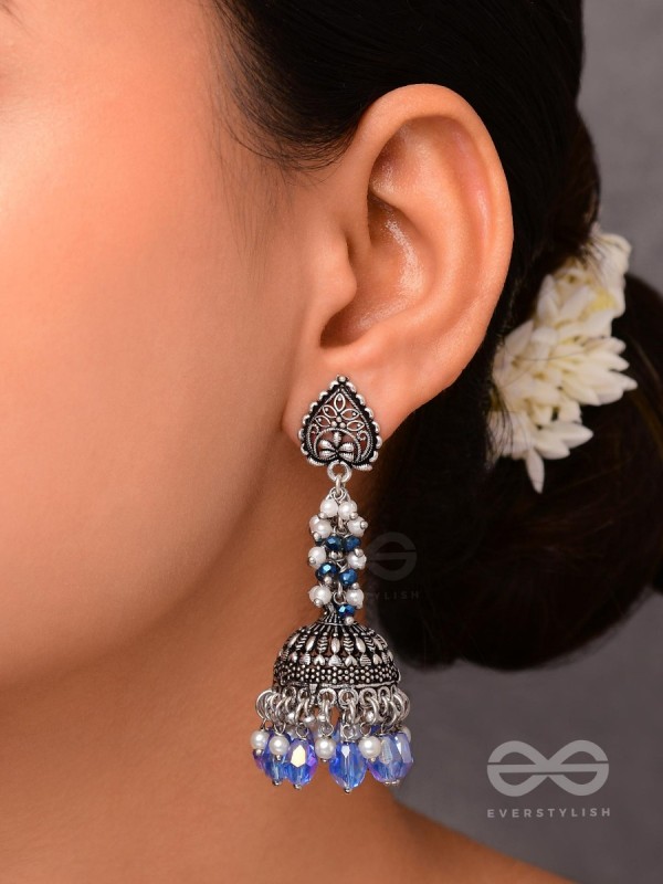 The Tinsel Swirls - Beaded Oxidised Jhumka Earrings (Blue)