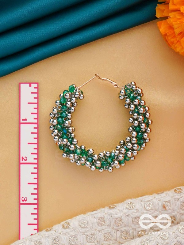 THE MISTLETOE MARVELS - BEADED HOOP EARRINGS (SILVER AND GREEN)