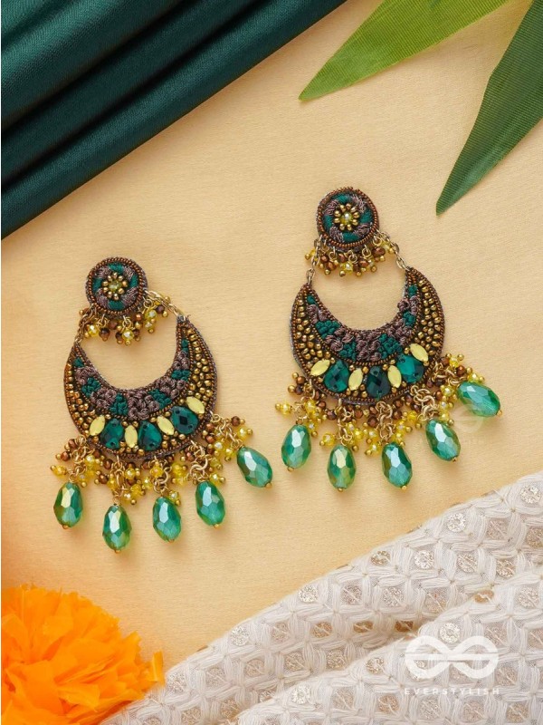 Sajivika - The Lively Dreamdrops - Beads And Glass Drops Hand Embroidered Earrings (Green & Golden)