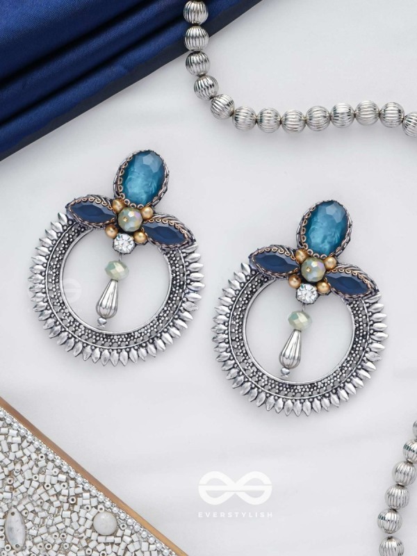 Manidhama - The Gem Abode - Stones And Beads Hand Embroidered Oxidised Earrings