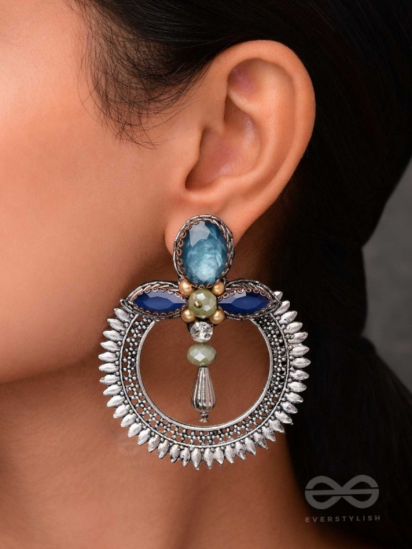 Manidhama - The Gem Abode - Stones And Beads Hand Embroidered Oxidised Earrings