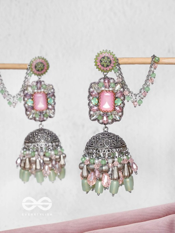 Abhivars - A Shower Of Blossom - Stone And Beads Oxidised And Hand Embroidered Jhumka Earrings