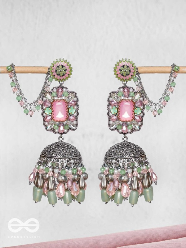 Abhivars - A Shower Of Blossom - Stone And Beads Oxidised And Hand Embroidered Jhumka Earrings