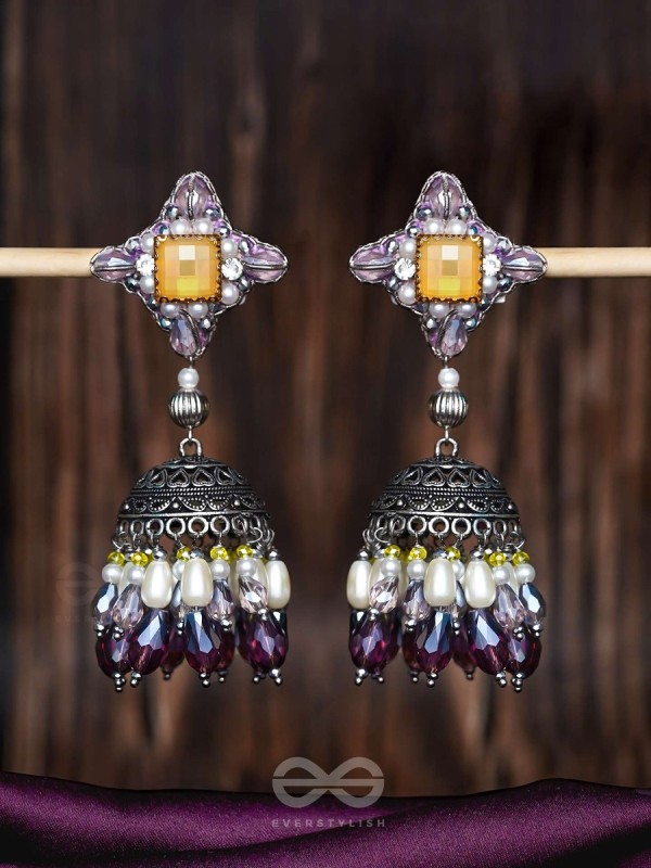 Vasatya - Gradient Of Dusk - Stone And Beads Hand Embroidered And Oxidised Jhumka Earrings