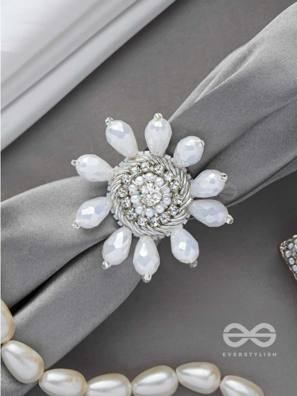 Tejovat - Glimmering White Brilliance - Stone, Beads And Glass Drops Hand Embroidered Ring (Adjustable)