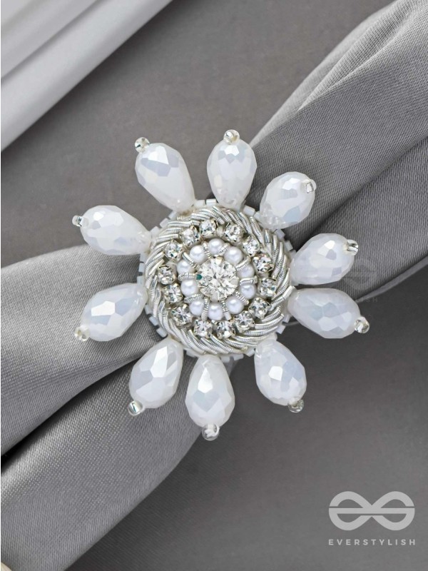 Tejovat - Glimmering White Brilliance - Stone, Beads And Glass Drops Hand Embroidered Ring (Adjustable)