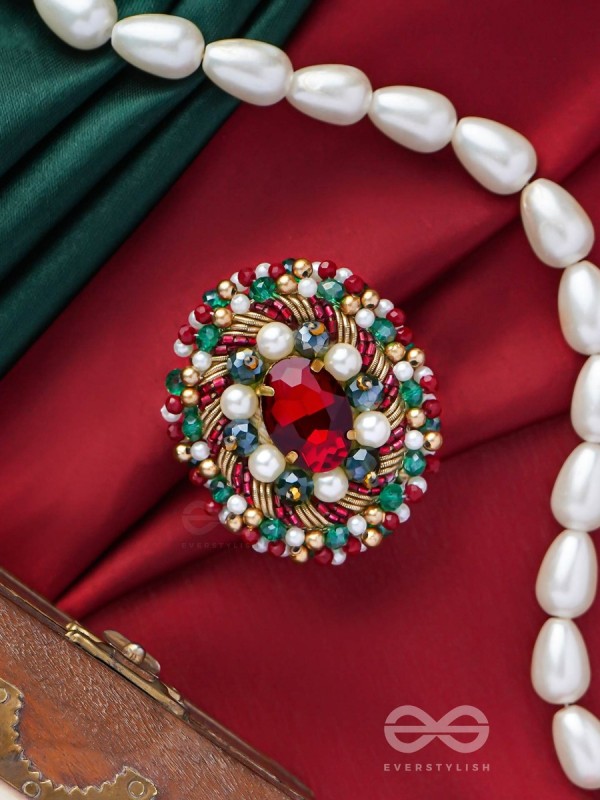 AKSHEPA - THE STATEMENT ONE - STONE, PEARLS AND BEADS EMBROIDERED RING