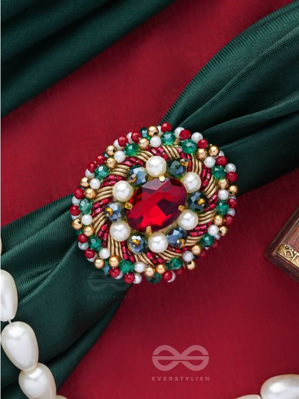 AKSHEPA - THE STATEMENT ONE - STONE, PEARLS AND BEADS EMBROIDERED RING