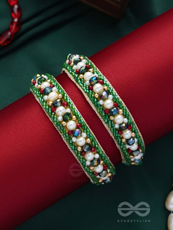 Parnaya - The Rosy Forest - Pearls, Cutdana And Beads Hand Embroidered Bangles (Set Of 2)