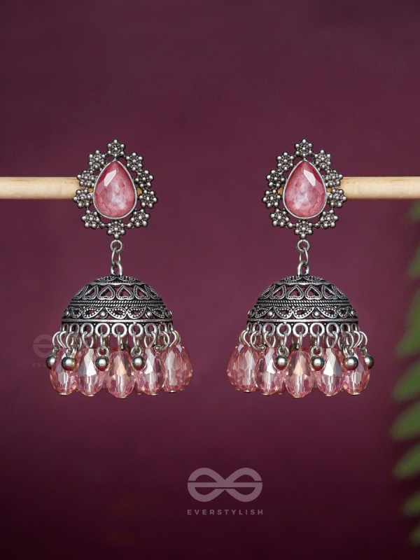 A CORAL CRUSH - EMBELLISHED OXIDISED JHUMKA EARRINGS